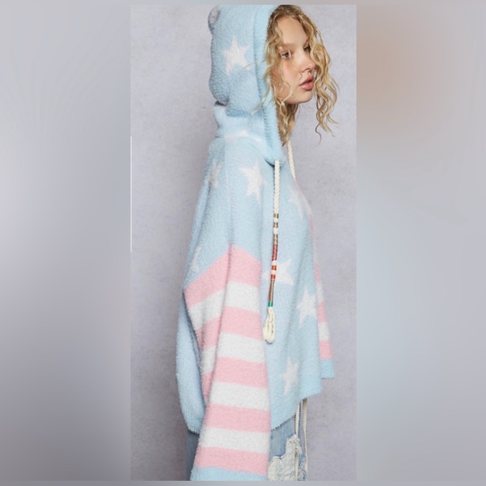 POL STRIPE STAR PINK AND BLUE OVERSIZED COZY HOODIE SIZE MEDIUM NWT - Picture 3 of 9